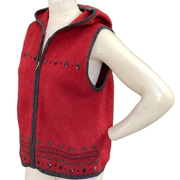 Woolrich Beaded Nordic Hooded Zip Vest Lambswool Blend M Red 33R - Picture 4 of 9